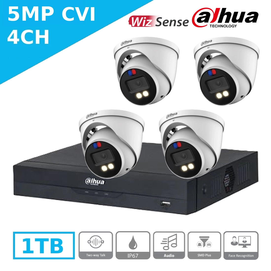 Mid-Range 5MP CVI Kit – 4 x Dahua HAC-ME1509HP-T-PV-S2 Turret Cameras + XVR5104HS-I3 DVR + 1TB HDD