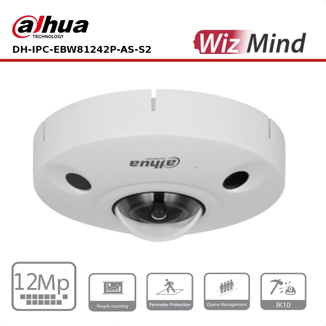 Dahua DH-IPC-EBW81242P-AS-S2 12MP IR WizMind Fisheye Network Camera with 360° Panoramic View, People Counting & Heat Mapping