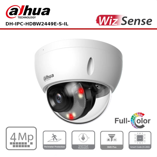 Dahua DH-IPC-HDBW2449E-S-IL 4MP Smart Dual Light Fixed-Focal Dome WizSense IP Camera, 3.6mm Lens