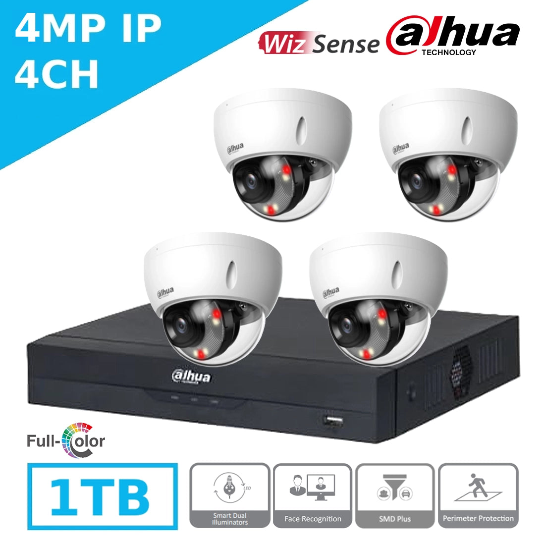 Mid-Range 4MP Dahua IP CCTV Kit – 4 x DH-IPC-HDBW2449EP-S-IL Dome Cameras + 4CH NVR4104HS-P-EI + 1TB HDD – Full Colour Hybrid Night Vision