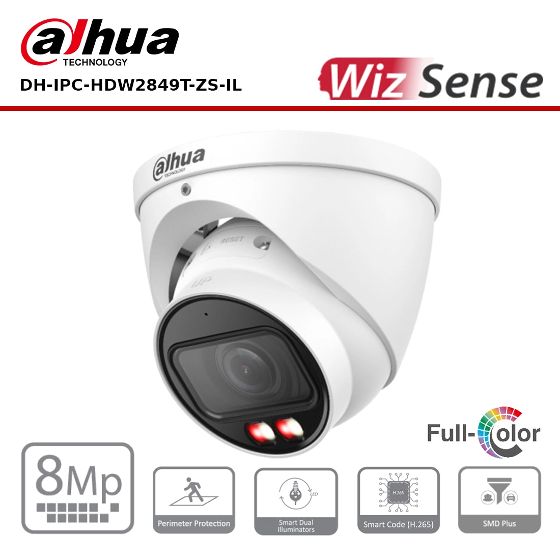 Dahua IPC-HDW2849TP-ZS-IL - 8MP Smart Dual Light Vari-Focal Eyeball WizSense Network Camera - 2.7-13.5mm Lens