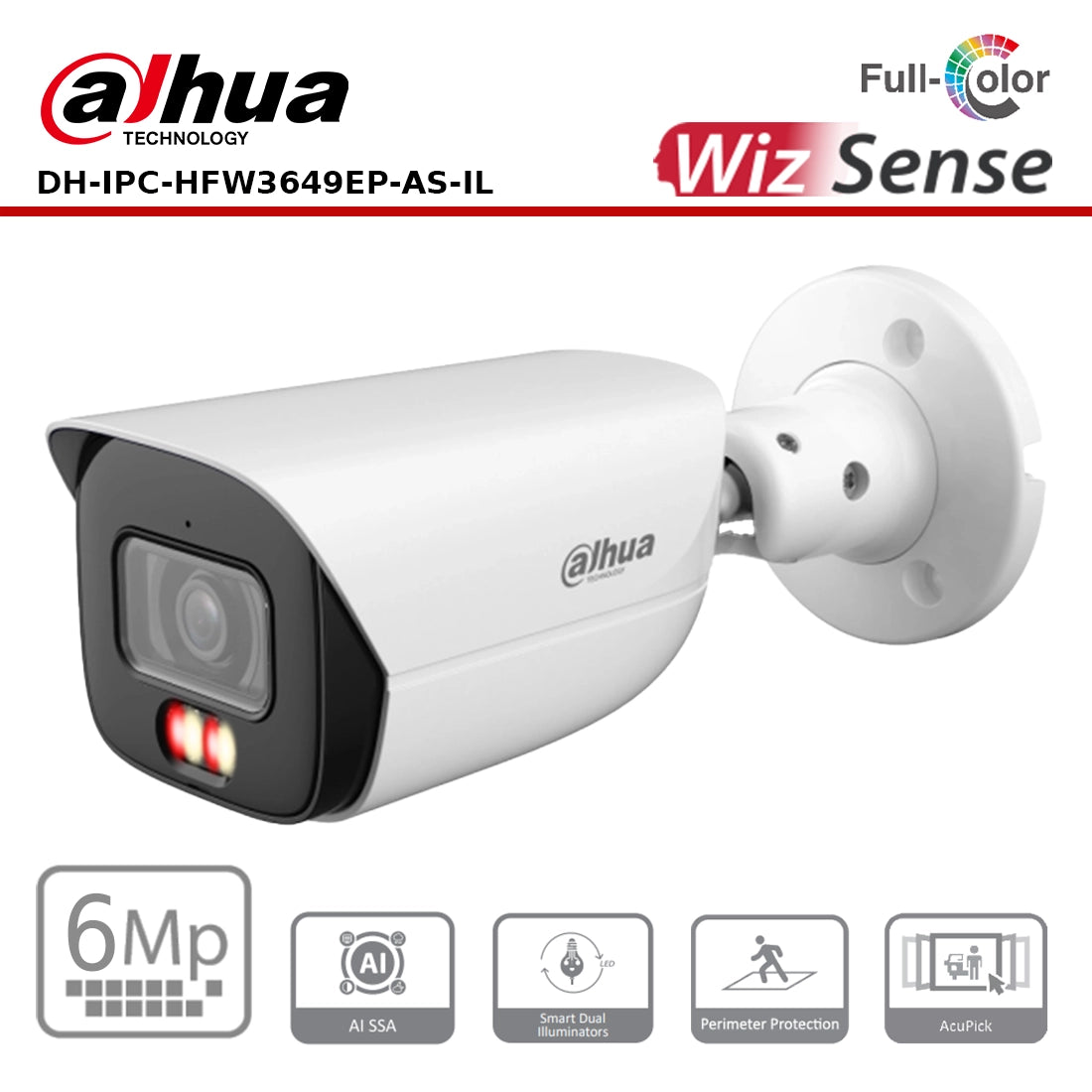 Dahua DH-IPC-HFW3649EP-AS-IL - 6MP Smart Dual Light Fixed-focal Bullet WizSense Network Camera