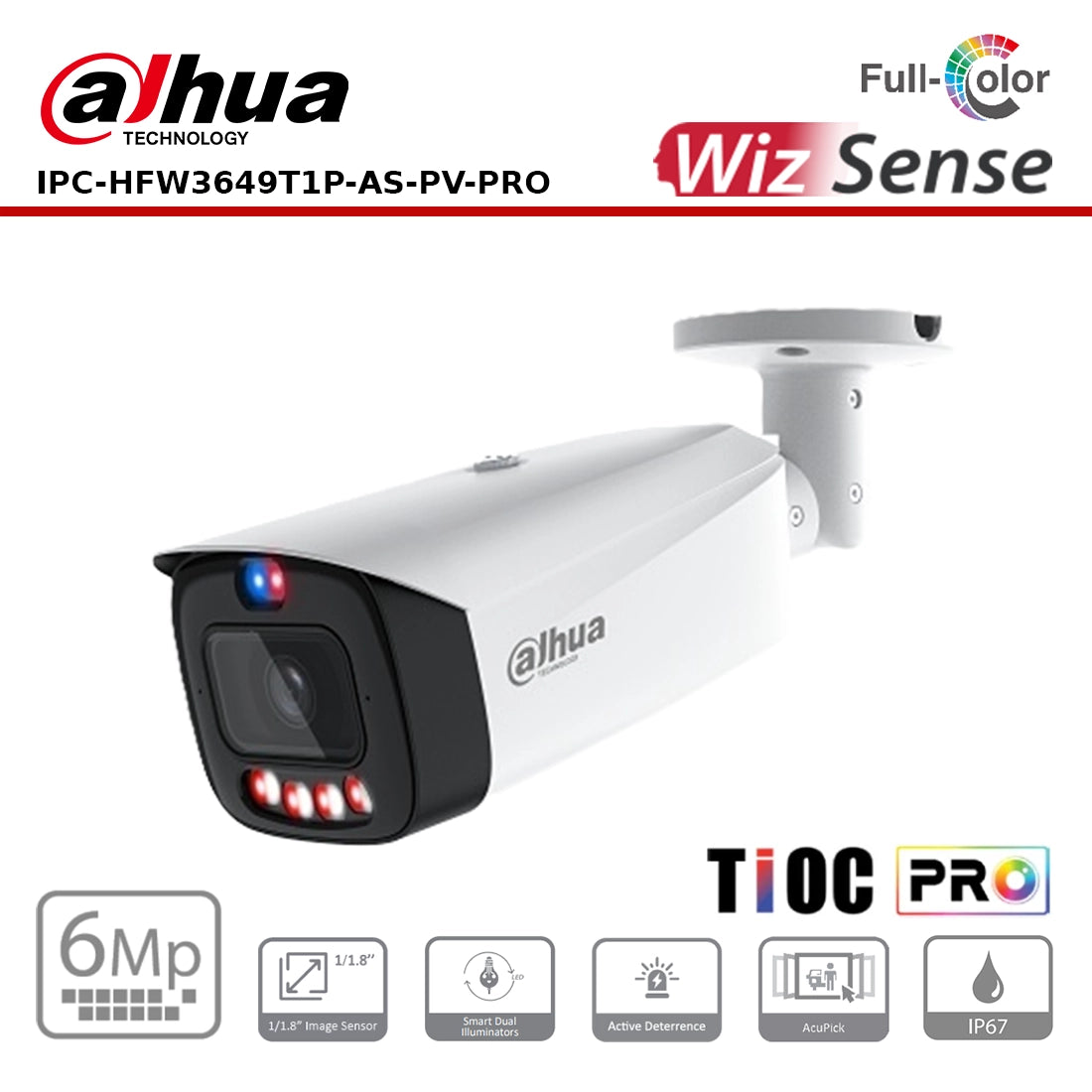 Dahua DH-IPC-HFW3649T1P-AS-PV-PRO 6MP IP Bullet SDL Active Deterrent Fixed-Focal WizColour Series TiOC Pro IP Camera, 3.6mm Lens