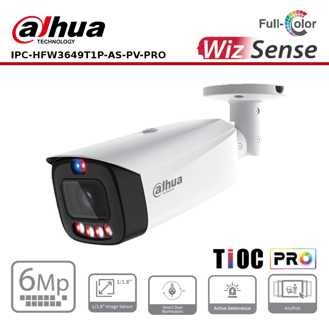 Dahua DH-IPC-HFW3649T1P-AS-PV-PRO 6MP IP Bullet SDL Active Deterrent Fixed-Focal WizColour Series TiOC Pro IP Camera, 3.6mm Lens