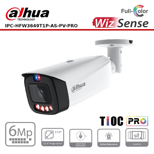 Dahua DH-IPC-HFW3649T1P-AS-PV-PRO 6MP IP Bullet SDL Active Deterrent Fixed-Focal WizColour Series TiOC Pro IP Camera, 3.6mm Lens