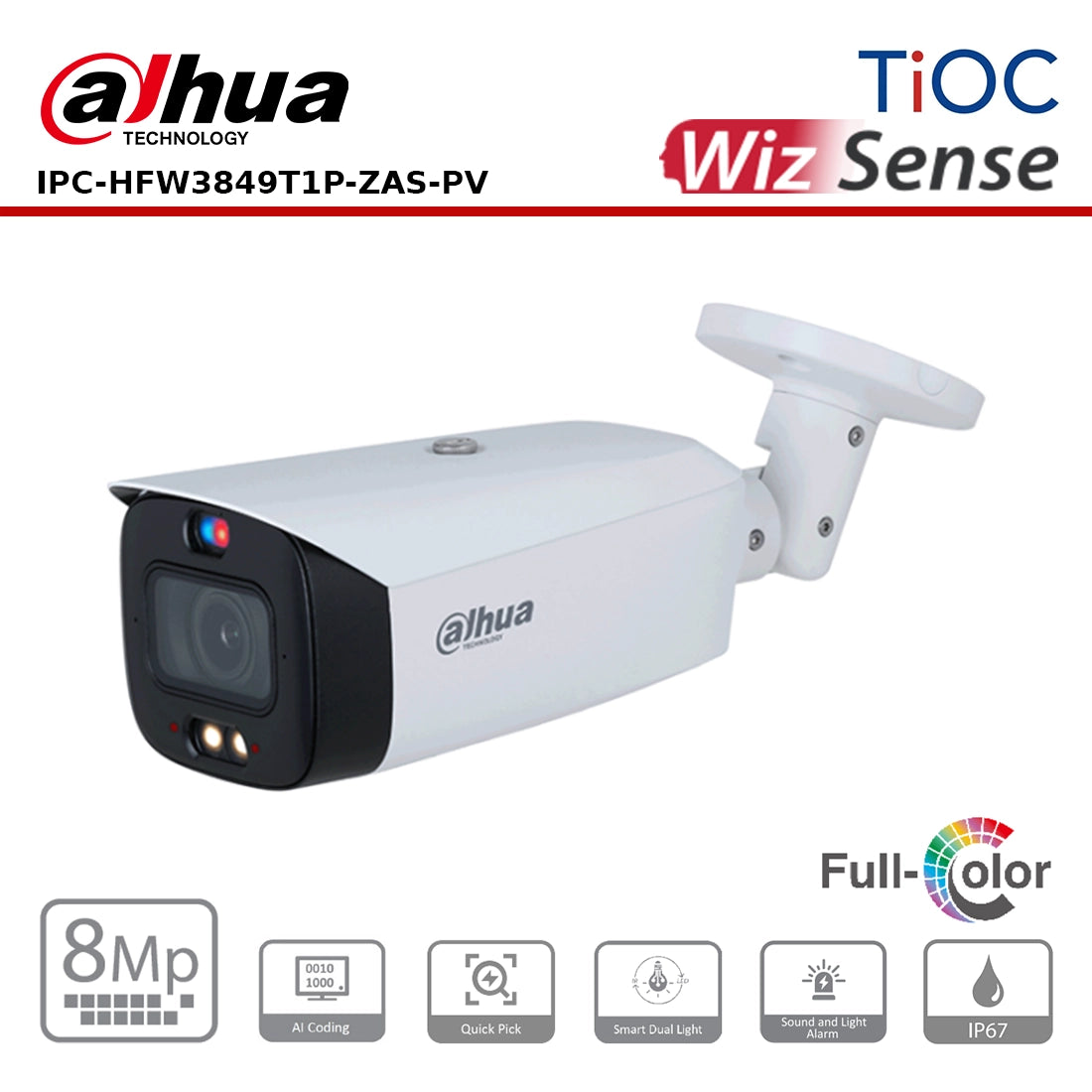 Dahua IPC-HFW3849T1-ZAS-PV 8MP TIOC 2.0 Smart Dual Illumination Active Deterrence Vari-focal Bullet WizSense Network Camera (2.7-13.5)
