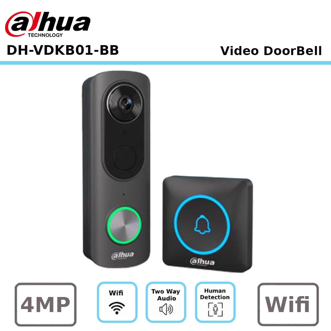 Dahua DH-VDKB01-BB 4MP Wi-Fi Battery Video Doorbell with Wireless Chime, AI Detection, IP65