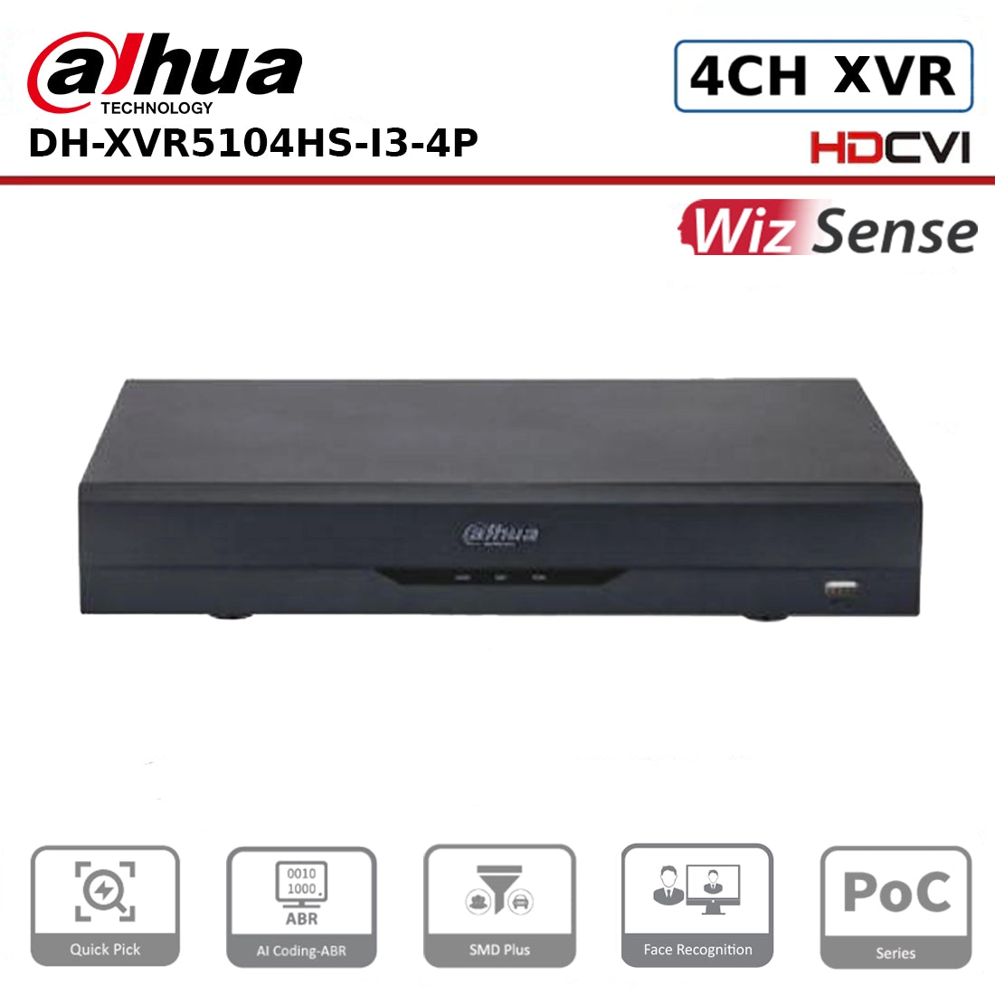 4 Channels Dahua DH-XVR5104HS-I3-4P 4 Channels PoC Penta-brid 5M-N/1080P Compact 1U 1HDD WizSense Digital Video Recorder with PoC