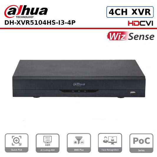4 Channels Dahua DH-XVR5104HS-I3-4P 4 Channels PoC Penta-brid 5M-N/1080P Compact 1U 1HDD WizSense Digital Video Recorder with PoC