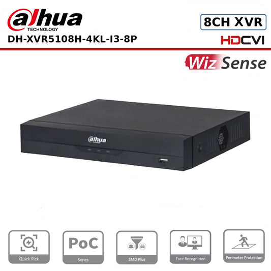 8 Channels Dahua XVR5108HS-4KL-I3-8P WizSense 4K-Lite PoC Penta-brid 1HDD Hybrid DVR