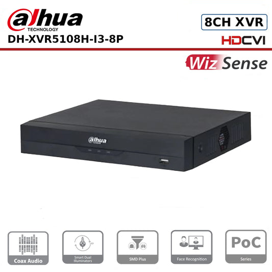8 Channels Dahua XVR5108H-I3-8P WizSense 5MP PoC Penta-brid 1HDD DVR