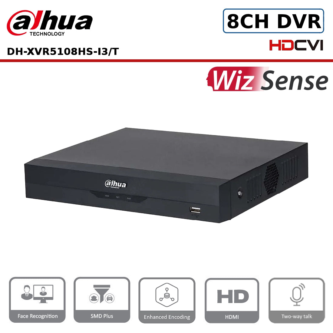 Dahua XVR5108HS-I3/T 8 Channel Penta-brid 5MP WizSense Compact 1U Digital Video Recorder with AI Functions and Two-Way Audio