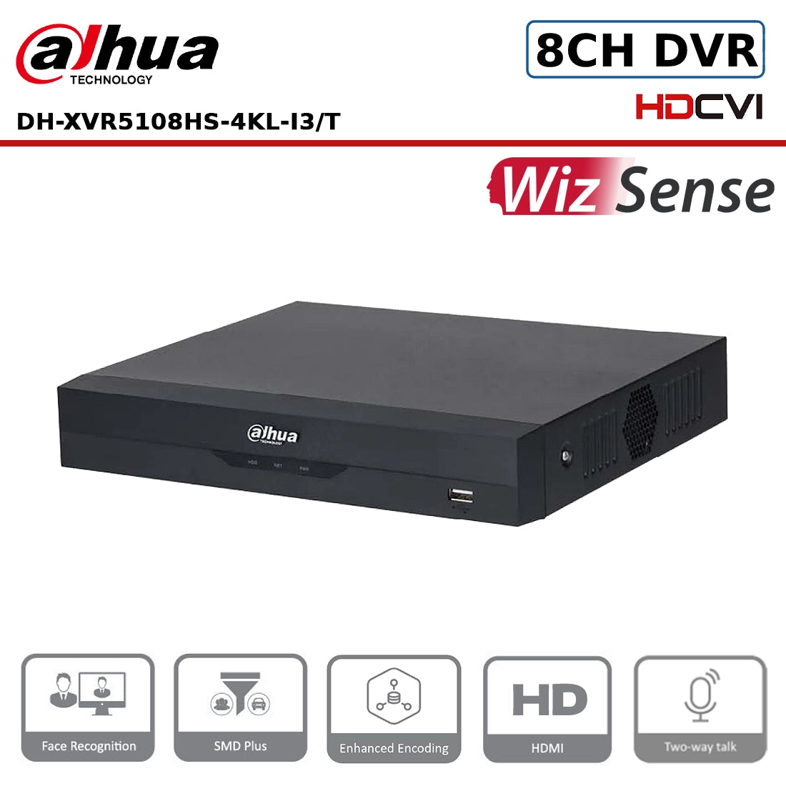 Dahua XVR5108HS-4KL-I3/T 8 Channel Penta-brid 4K Value WizSense Compact 1U Digital Video Recorder with AI Functions and Two-Way Audio