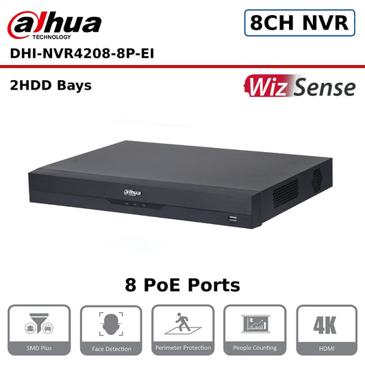 Dahua NVR4208-8P-EI 8 Channel 8PoE WizSense Network Video Recorder With 2HDD Bays
