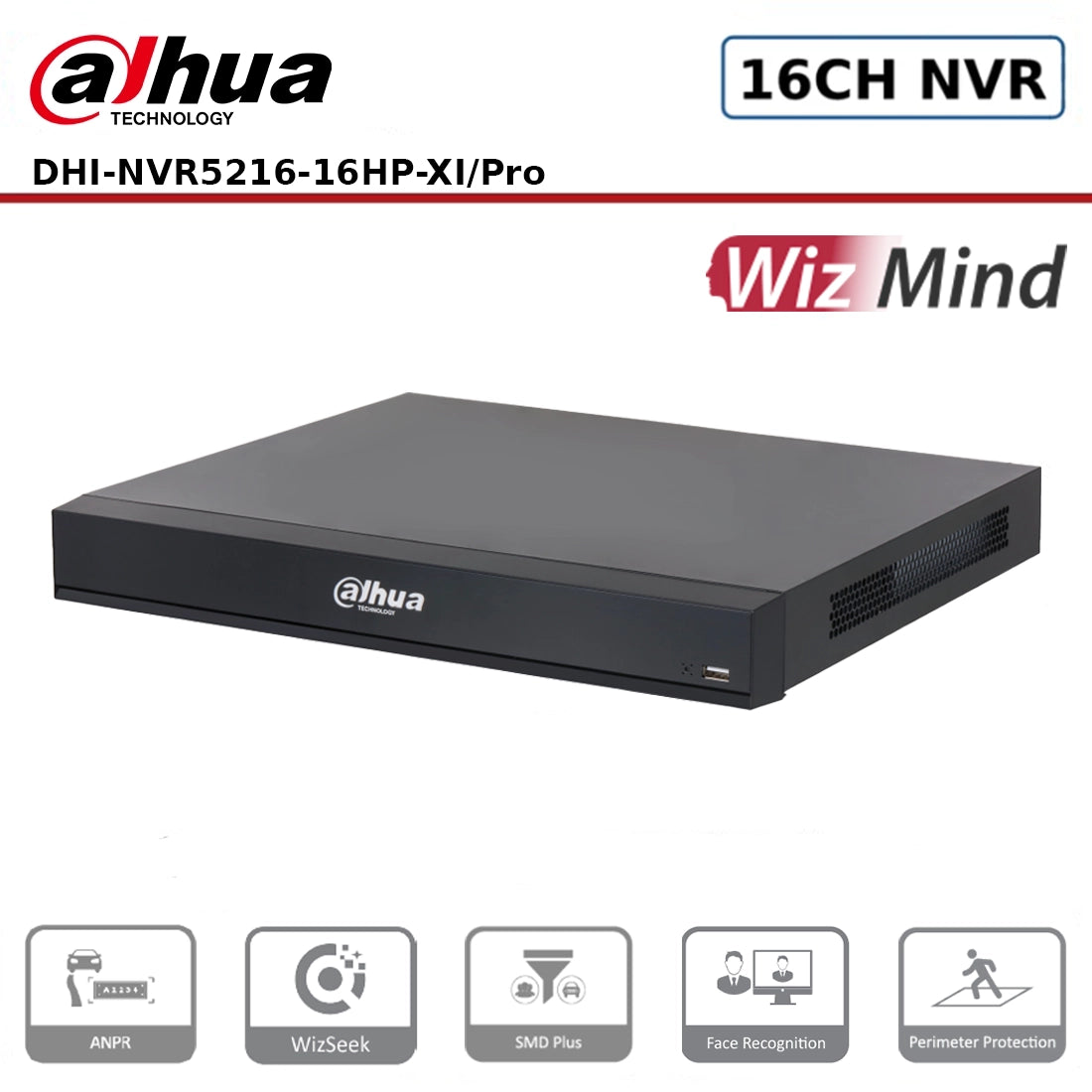 Dahua DHI-NVR5216-16HP-XI/Pro 16 Channel 16PoE 2HDD WizMind AI NVR with 8K Output, AcuPick and WizSeek