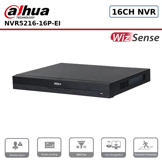 Dahua DHI-NVR5216-16P-EI 16 Channel NVR 16CH 2HDDs 16PoE 4K WizSense Network Video Recorder