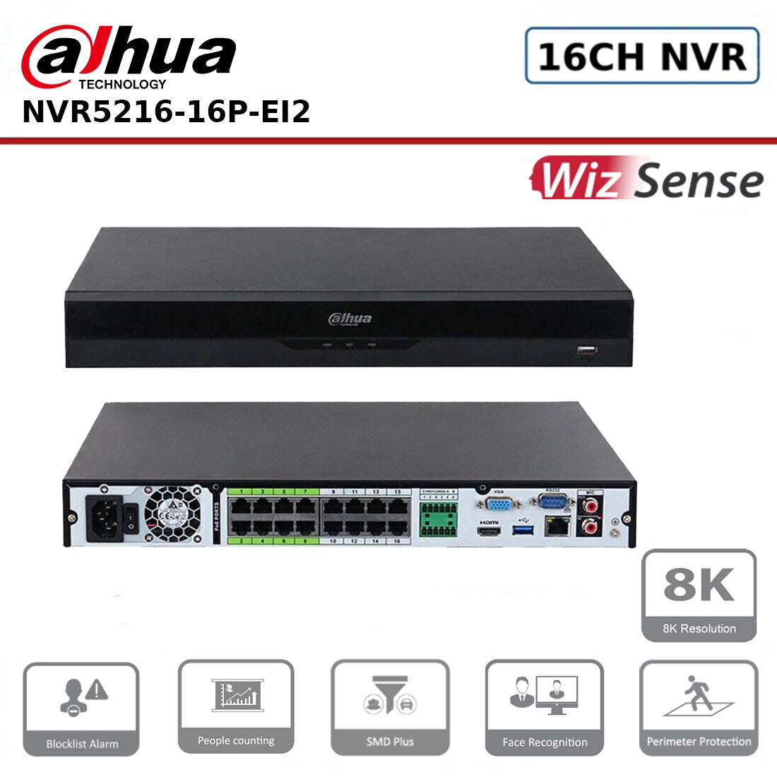 Dahua DHI-NVR5216-16P-EI2 16 Channel NVR 16CH 2HDDs 16PoE 8K WizSense Network Video Recorder