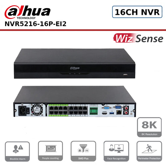 Dahua DHI-NVR5216-16P-EI2 16 Channel NVR 16CH 2HDDs 16PoE 8K WizSense Network Video Recorder