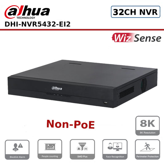 Dahua DHI-NVR5432-EI2 32 Channel WizSense AI NVR (Non-PoE) 4 HDD, 8K HDMI, 32MP, 448Mbps Bandwidth