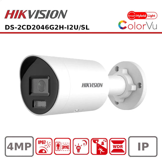 Hikvision DS-2CD2046G2H-I2U-SL 4MP HD AcuSense Smart Hybrid ColorVu Bullet IP Camera with Two-Way Audio, Active Deterrence (Strobe & Sound), and IR Night Vision