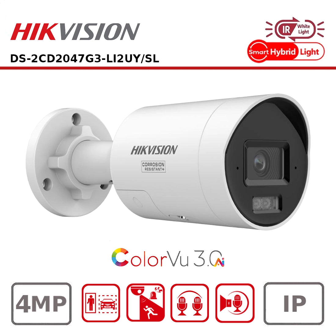 Hikvision DS-2CD2047G3-LI2UY/SL 4 MP ColorVu Hybrid-Light Bullet Camera with Strobe & Audio Warning