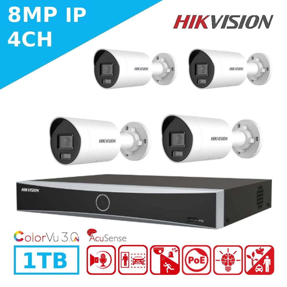 Hikvision 8MP AcuSense ColorVu Kit – 4 x DS-2CD2087G3-LI2UY/SL Cameras + DS-7608NXI-K1/8P NVR + 1TB HD