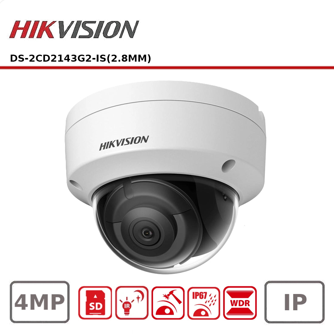 Hikvision DS-2CD2143G2-IS 4MP HD AcuSense Pro Series IP Dome Camera with 30m IR Night Vision, and IP67