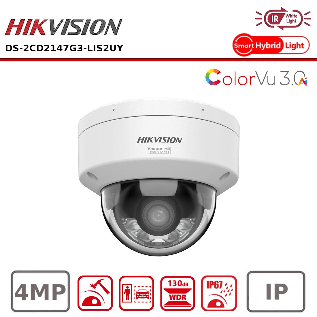 Hikvision DS-2CD2147G3-LIS2UY(2.8mm) 4 MP Smart Hybrid Light with ColorVu 3.0 Fixed Dome Network Camera