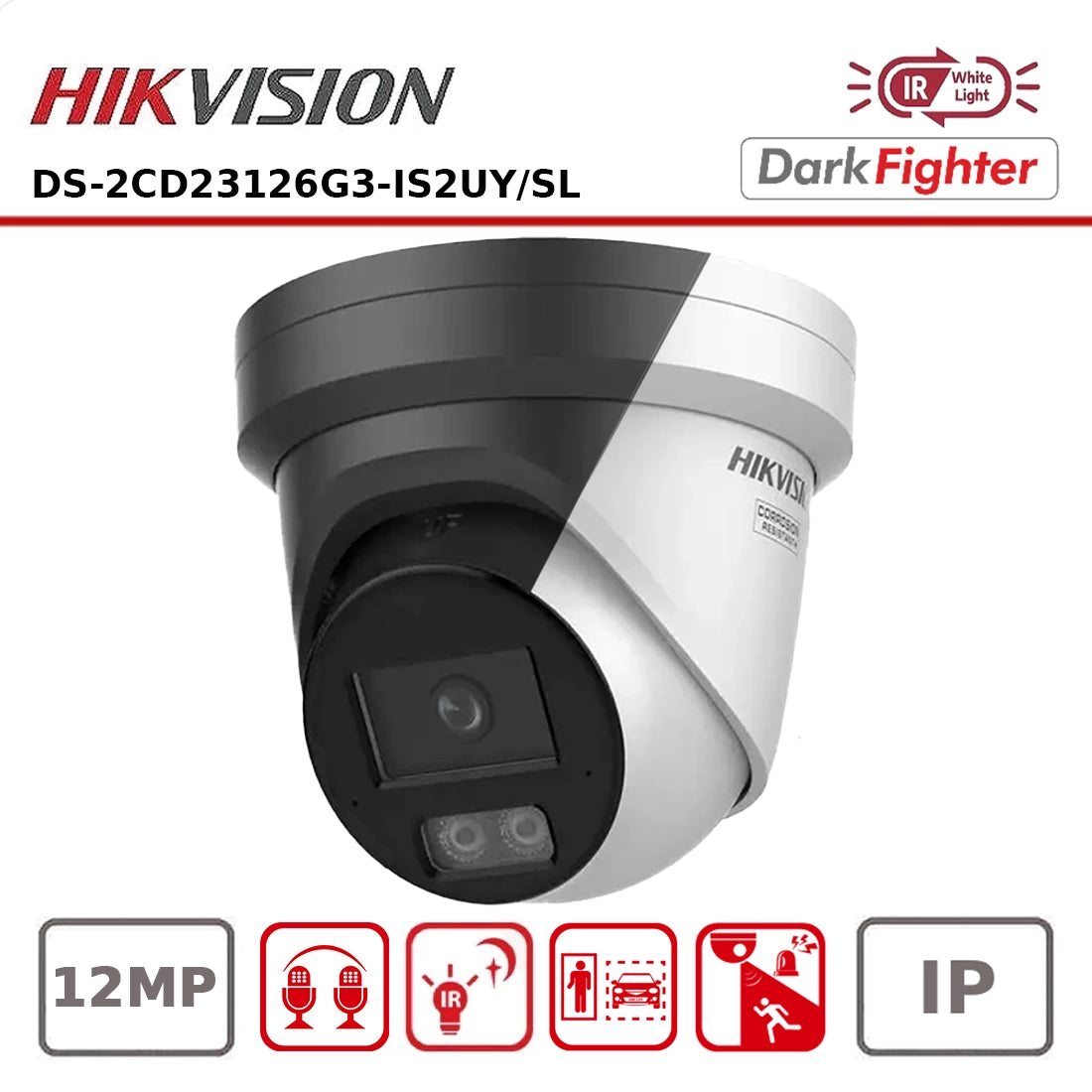 Hikvision DS-2CD23126G3-IS2UY/SL 12 MP Acusense Strobe Light and Audible Warning & Smart Hybrid Light Fixed  Turret Network Camera