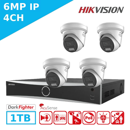 Hikvision 6MP 4 Channel AcuSense Turret Kit – 4 x DS-2CD2366G2H-IS2U/SL Cameras + DS-7604NXI-K1/4P NVR + 1TB HDD