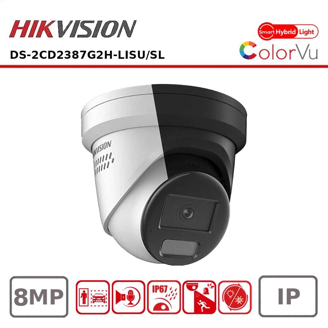 8MP Hikvision DS-2CD2387G2H-LISU/SL 4K Smart Hybrid ColorVu and IR Acusense Turret Camera, 2-Way Talk
