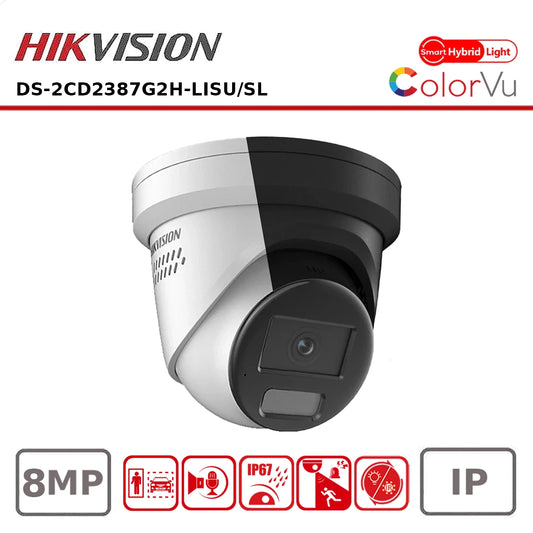 8MP Hikvision DS-2CD2387G2H-LISU/SL 4K Smart Hybrid ColorVu and IR Acusense Turret Camera, 2-Way Talk