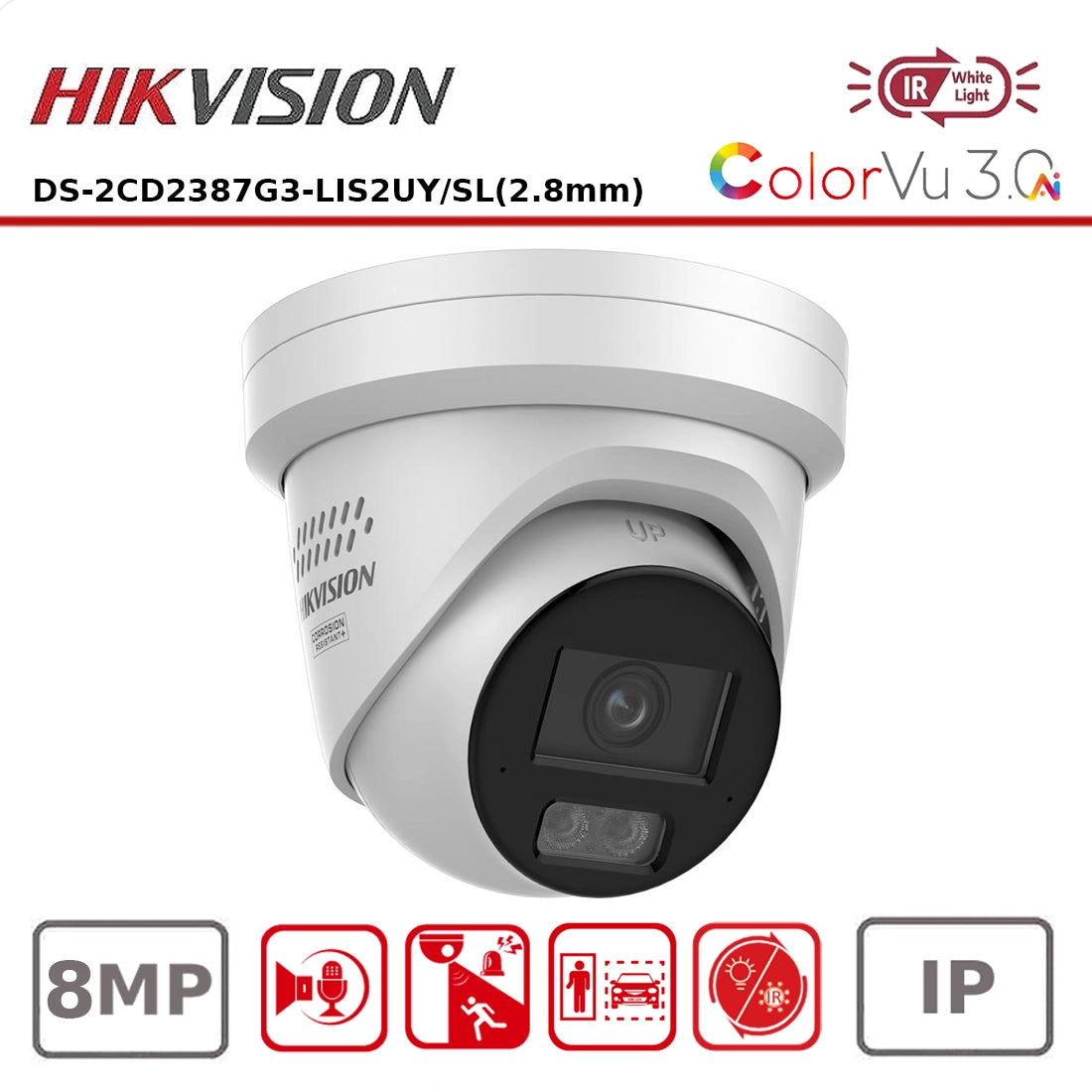 Hikvision DS-2CD2387G3-LIS2UY/SL(2.8mm) 8 MP Smart Hybrid Light with ColorVu Fixed Turret Network Camera