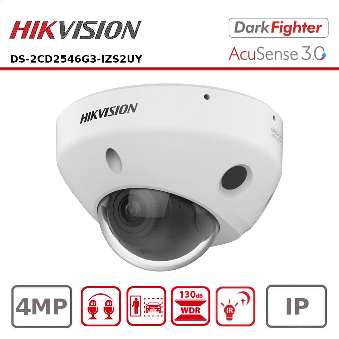 Hikvision DS-2CD2546G3-IZS2UY 4MP AcuSense AI Mini Dome Camera Motorized Zoom, Built-in Audio & Vandal-Proof