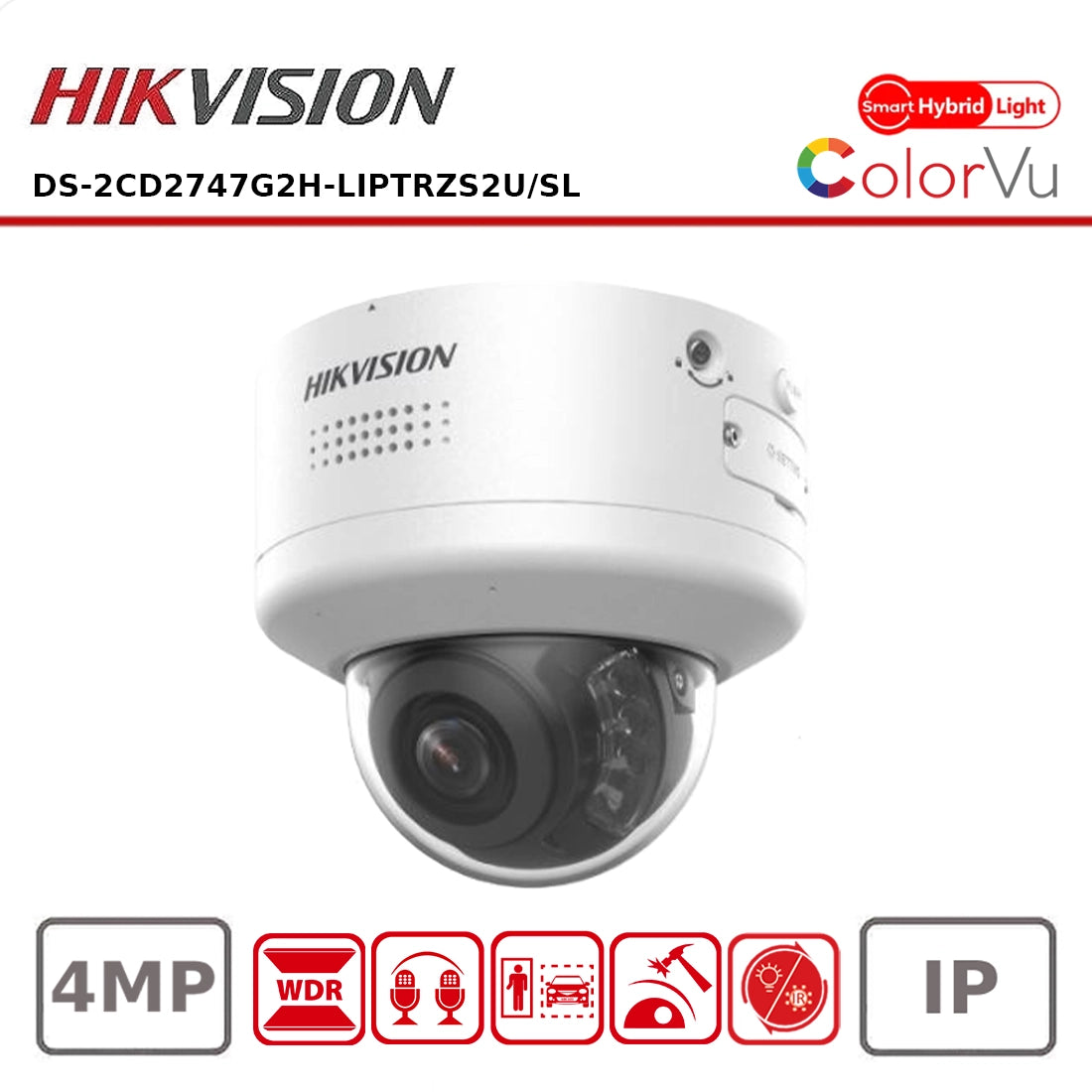 Hikvision DS-2CD2747G2H-LIPTRZS2U-SL 4MP Smart Hybrid Light with ColorVu Motorized PTRZ Varifocal Dome Network Camera