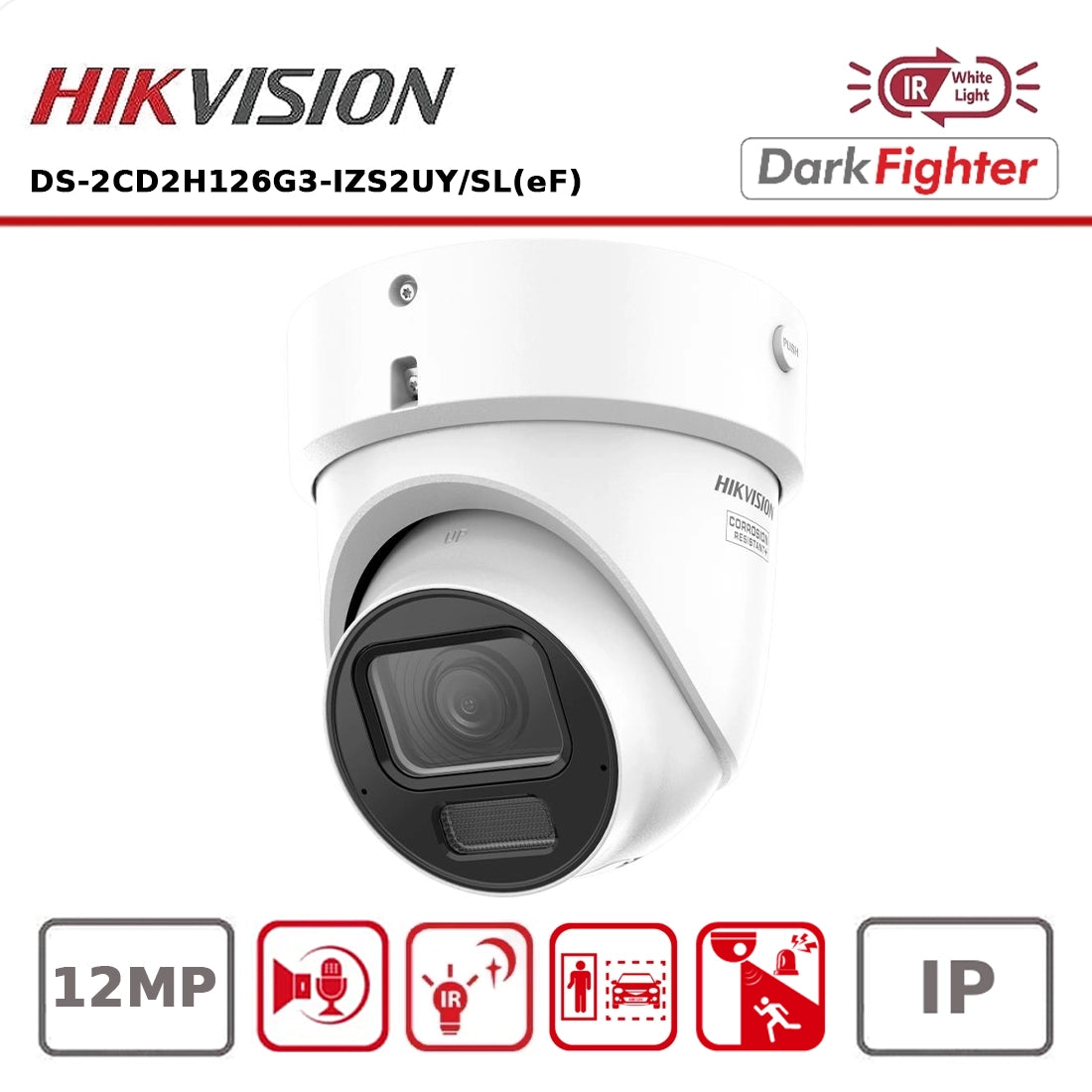 Hikvision DS-2CD2H126G3-IZS2UY/SL(eF) 12MP AcuSense DarkFighter Motorised Varifocal Turret IP Camera 2.8-12mm, 40m IR, Mic, PoE & Strobe "NR"