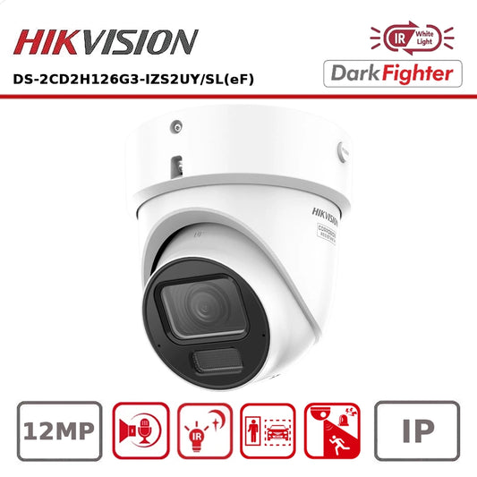 Hikvision DS-2CD2H126G3-IZS2UY/SL(eF) 12MP AcuSense DarkFighter Motorised Varifocal Turret IP Camera 2.8-12mm, 40m IR, Mic, PoE & Strobe "NR"