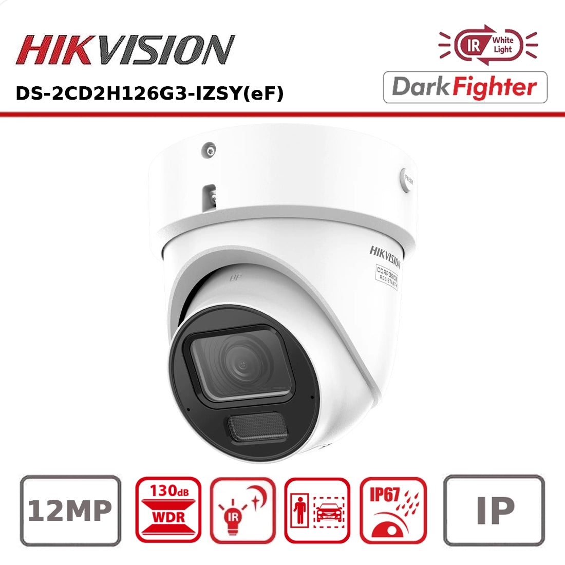 Hikvision DS-2CD2H126G3-IZSY(eF) 12MP AcuSense Powered by DarkFighter Motorised Varifocal Turret IP Camera 2.8-12mm, 40m IR, Mic & PoE "NR"
