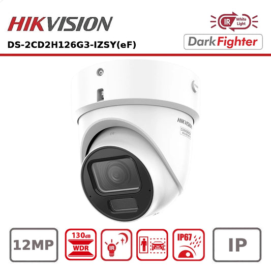 Hikvision DS-2CD2H126G3-IZSY(eF) 12MP AcuSense Powered by DarkFighter Motorised Varifocal Turret IP Camera 2.8-12mm, 40m IR, Mic & PoE "NR"