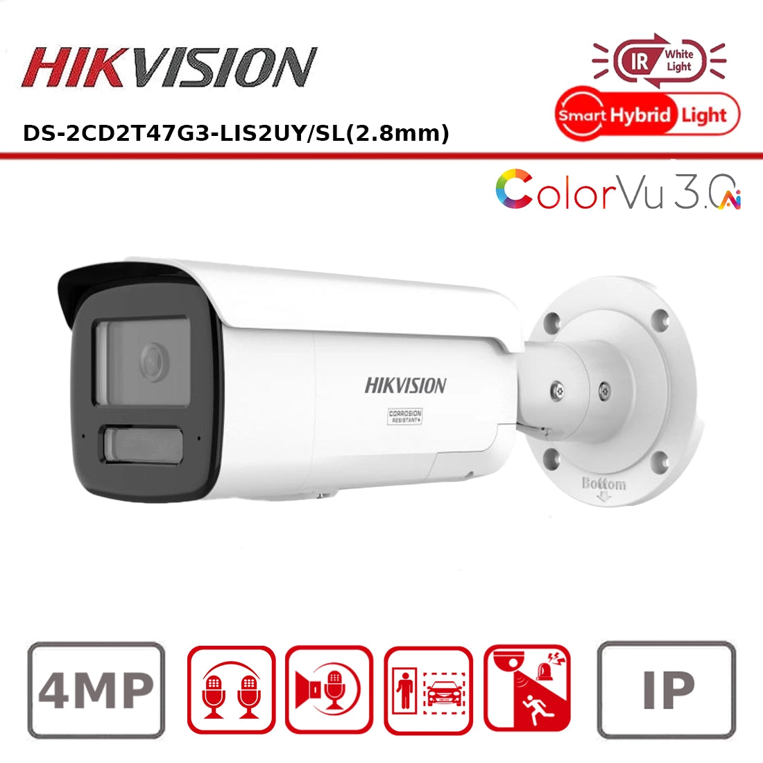 Hikvision DS-2CD2T47G3-LIS2UY/SL 4MP Smart Hybrid Light Fixed Bullet Network Camera