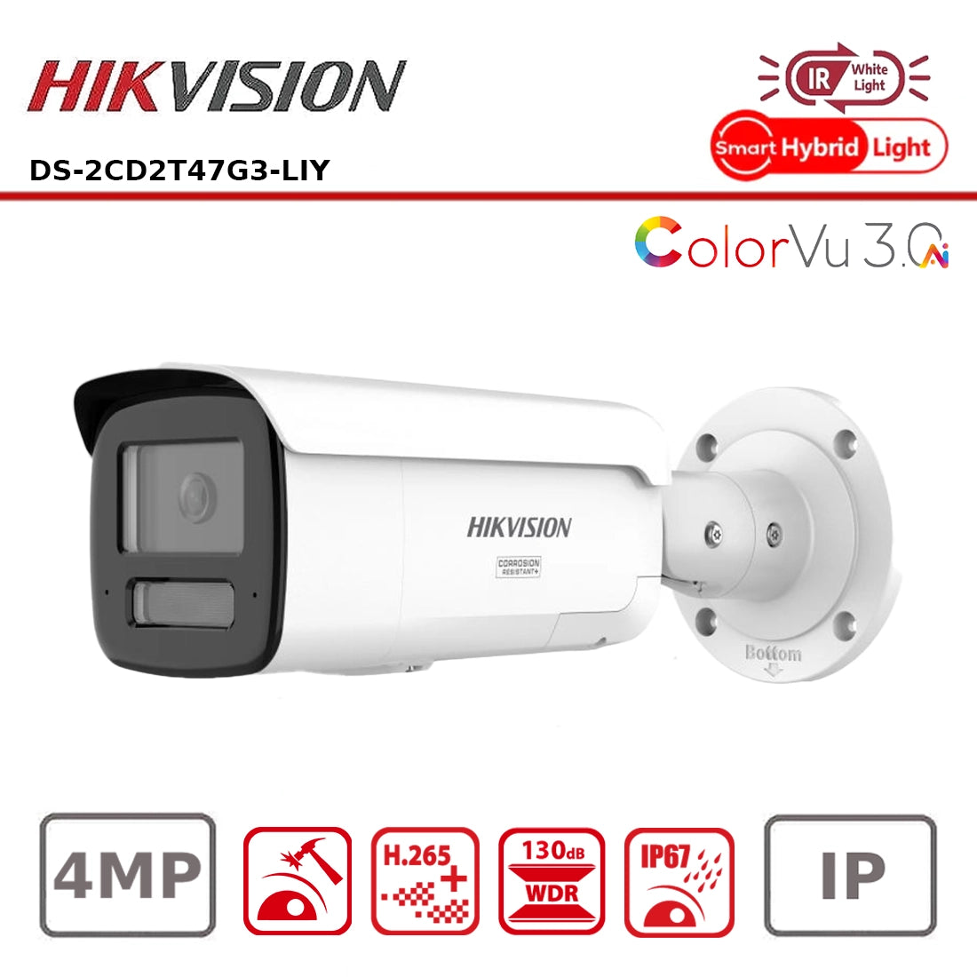 Hikvision DS-2CD2T47G3-LIY 4MP Smart Hybrid Light with ColorVu 3.0 Fixed Bullet Network Camera
