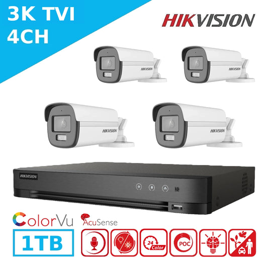 Hikvision 3K AcuSense ColorVu Kit – 4 x DS-2CE12KF0T-LFS Cameras + iDS-7204HQHI-M1/XT DVR + 1TB HD