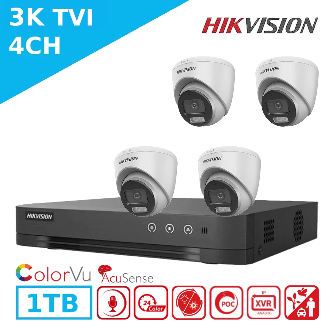 Budget Hikvision 3K AcuSense ColorVu Kit – 4 x DS-2CE72KF0T-LFS Cameras + iDS-7204HQHI-M1/XT DVR + 1TB HD