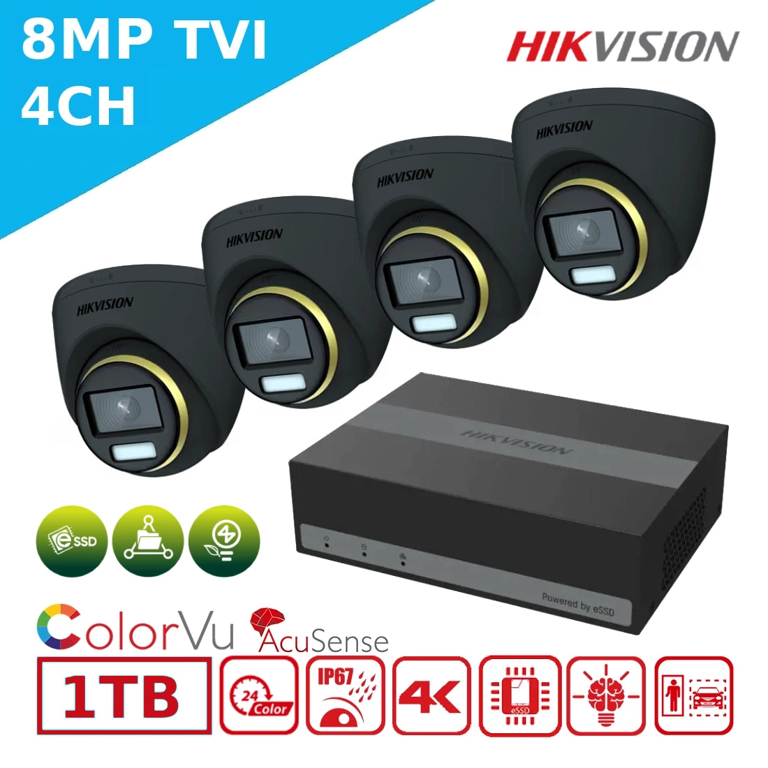 Hikvision 8MP 4CH PoC eDVR Kit – DS-2CE72UF3T-E Cameras + iDS-E04HUHI-B + 1TB SSD - Clearance