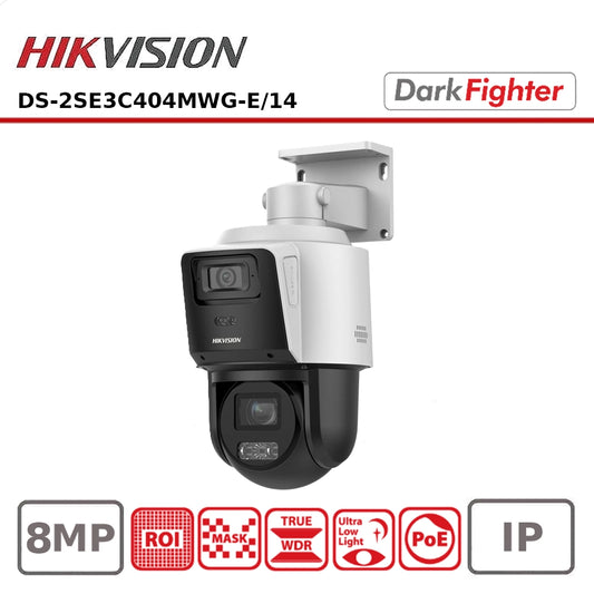 Hikvision DS-2SE3C404MWG-E/14 TandemVu 4MP+4MP Dual Lens POE PTZ Network Camera with 4X Optical Zoom, DarkFighter Low-Light, and AcuSense Intelligent Tracking