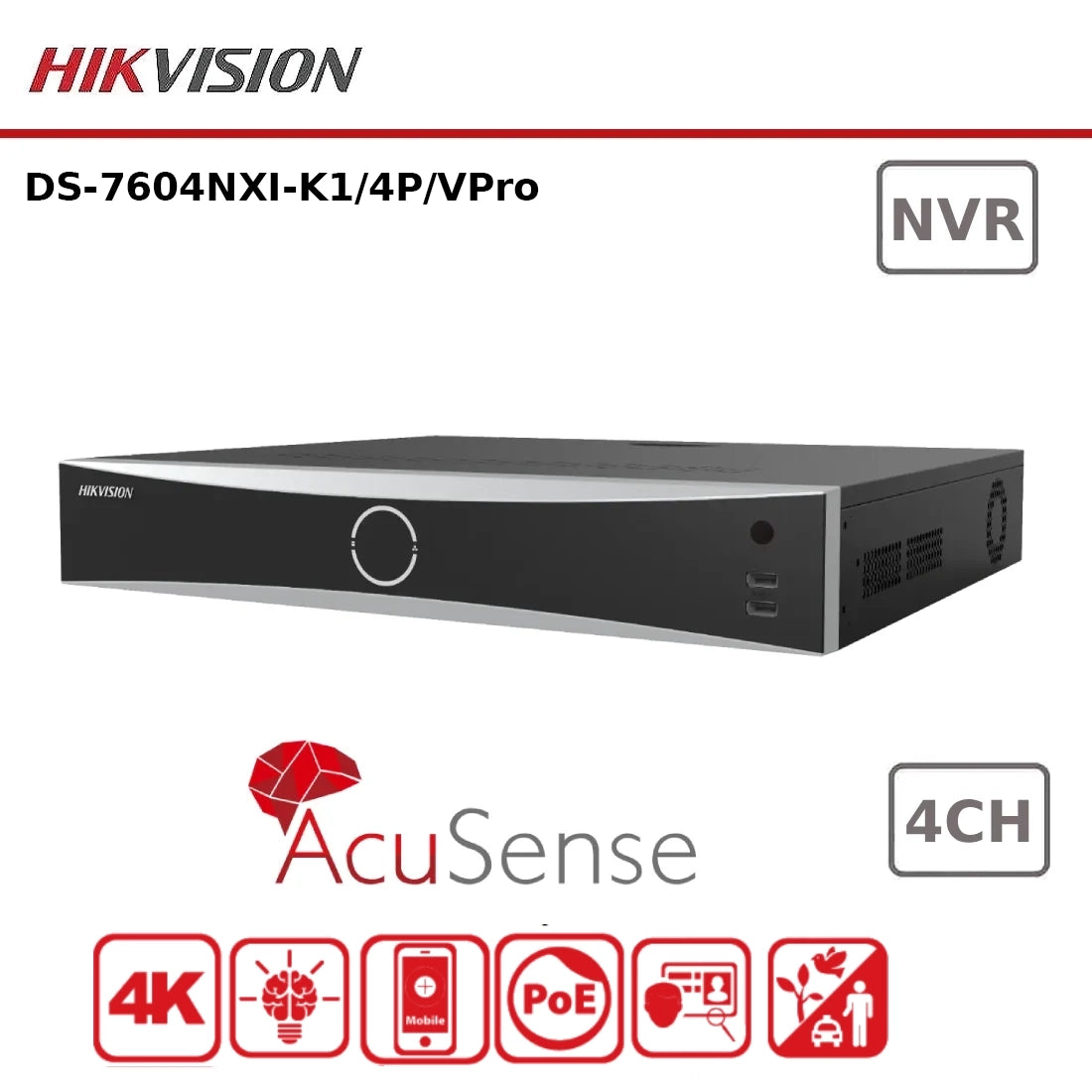 Hikvision DS-7604NXI-K1/4P/VPro 4 Channel PoE 4K AcuSense NVR with AcuSeek & AcuSearch
