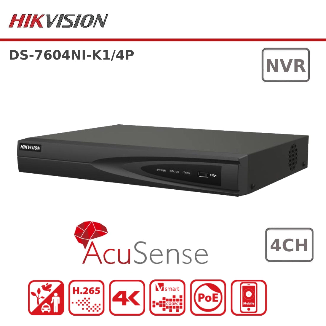 Hikvision DS-7604NI-K1/4P 8MP 4K PoE 4 Channel NVR