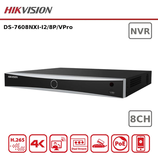 Hikvision DS-7608NXI-I2/8P/VPro 8 Channel AI NVR with 8 PoE Ports 4K HDMI AcuSeek Facial Recognition 2 HDD