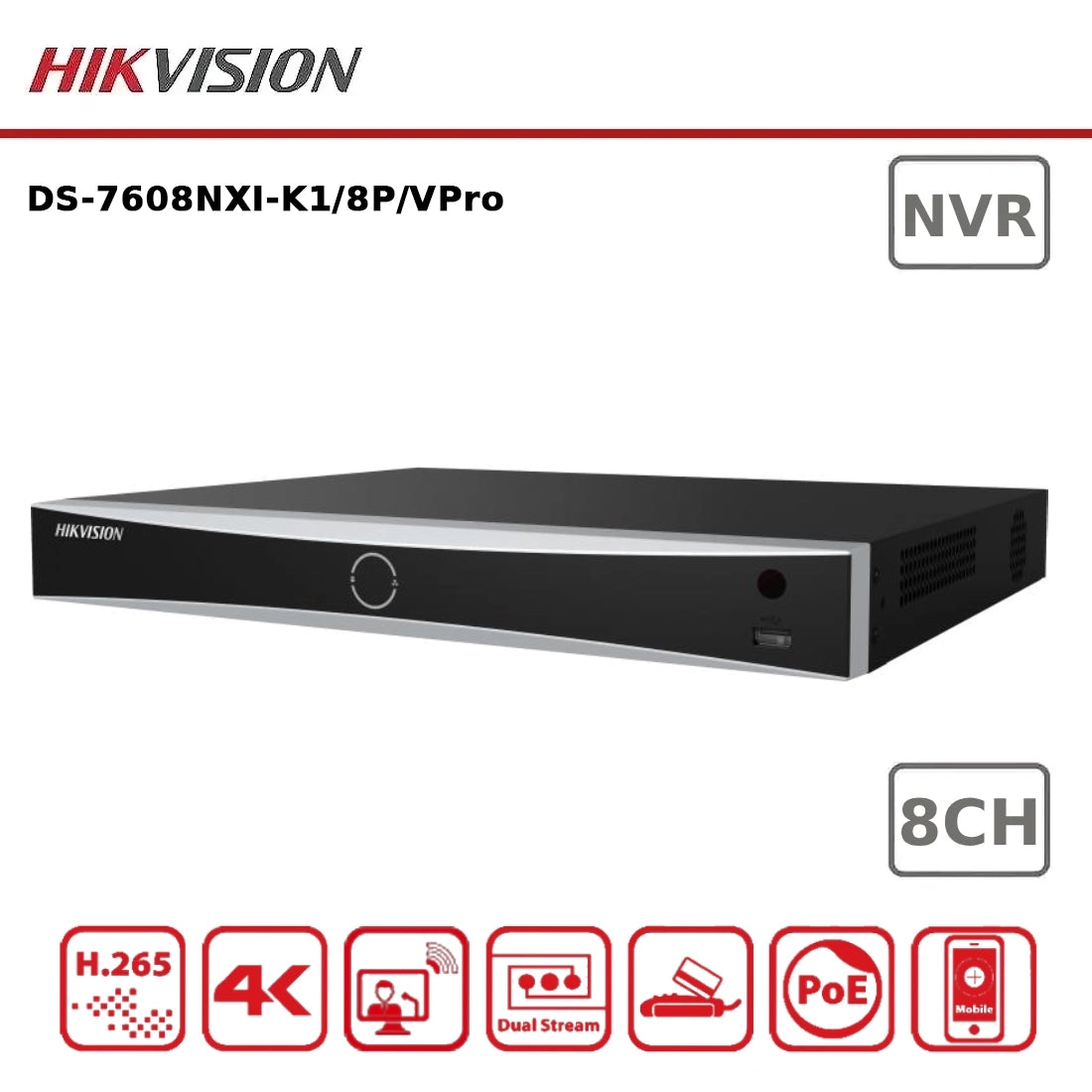 Hikvision DS-7608NXI-K1/8P/VPro 8 Channel PoE AcuSense 4K NVR with AcuSeek and Facial Recognition
