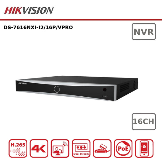 Hikvision DS-7616NXI-I2/16P/VPro 16 Channel AcuSeek AcuSearch PoE NVR, 2 HDD Bays, 4K HDMI, Facial Recognition, ANPR